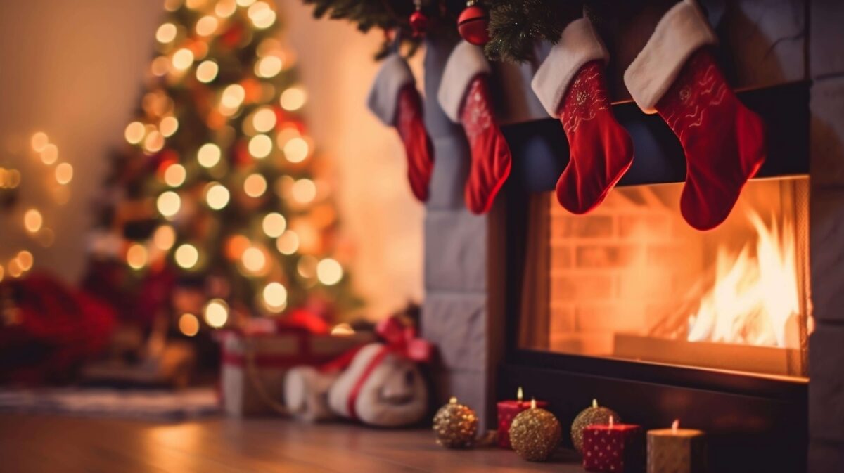 A roaring fireplace with four red stockings hanging below green garland ready to be fillled. There are also festive candles lit in front of the fireplace with a beautifully lit Christmas tree in the corner.