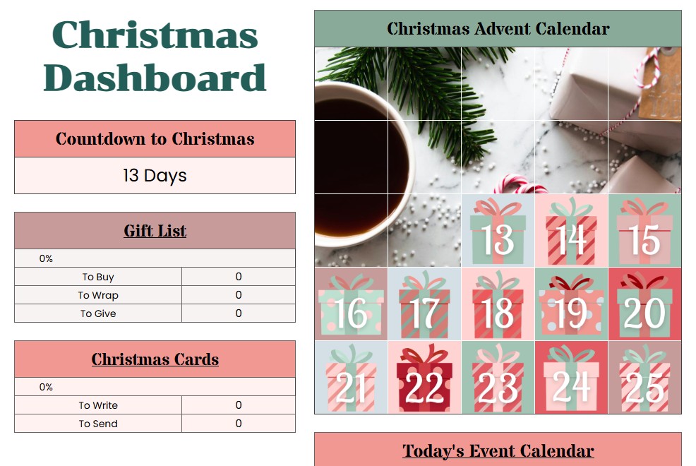 The dashboard showing a snapshot of the advent calendar and snippet of each tab in the planner.