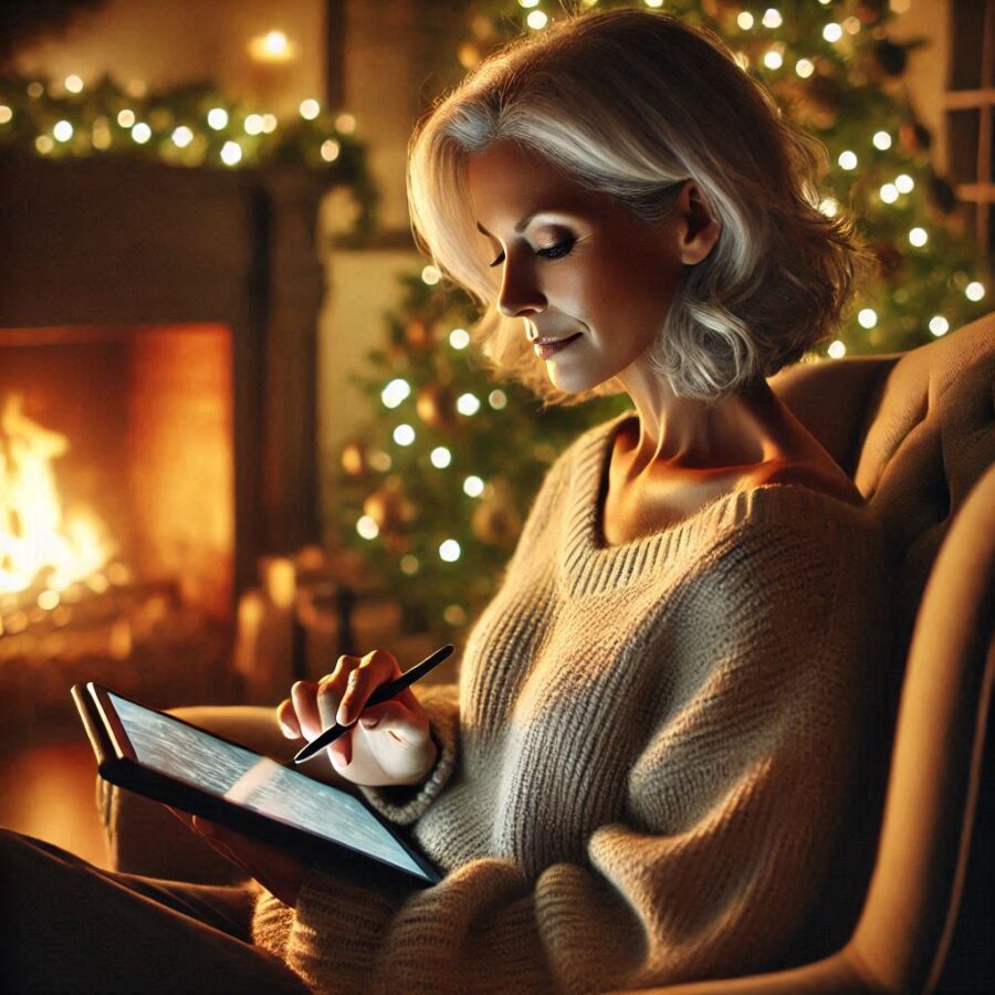 A woman planning her holiday on a tablet  while sitting in a comfy chair by a roaring fireplace with a beautifully decorated Christmas tree in the corner.