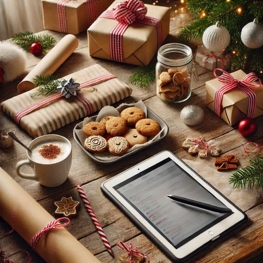 A table covered with a few wrapped gifts, a plate of freshly baked cookies, a cup of cocoa, holiday decor and a table with stylus showing plans for the season.